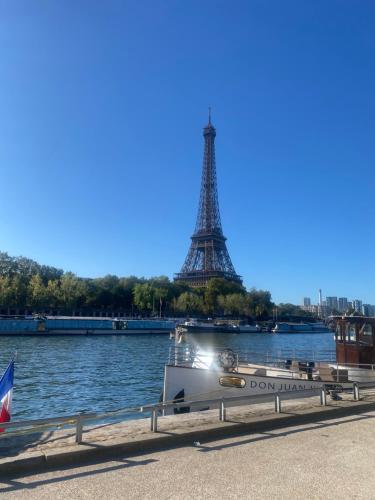 a boat on the river in front of the eiffel tower at Liberté Ensoleillé in Paris