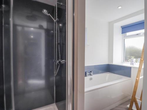 a bathroom with a shower and a tub and a sink at 19 Reidhaven Street in Banff