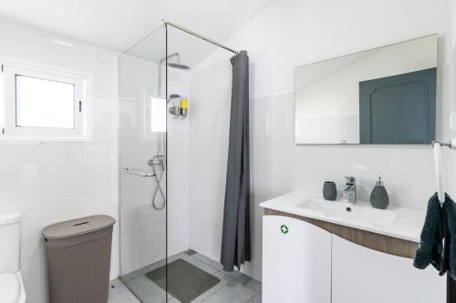 un bagno bianco con doccia e lavandino di Esterinha's Sunset Apartment by GALMI a Estreito da Calheta