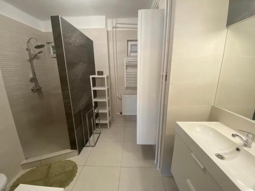 y baño con ducha y lavamanos. en Modern city-center apartment, en Debrecen