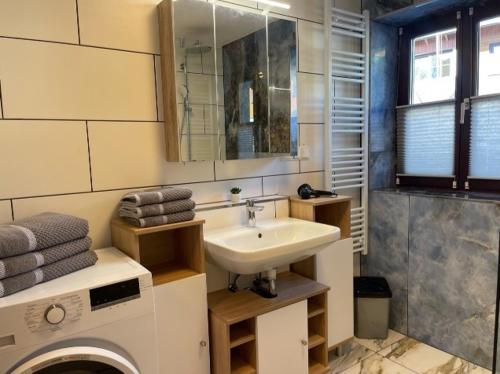 ein Badezimmer mit einem Waschbecken und einer Waschmaschine in der Unterkunft Haus-Ennstal in Öblarn