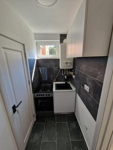 eine kleine Küche mit Herd und Spüle in der Unterkunft my TinyPlace in Târgu Mureș