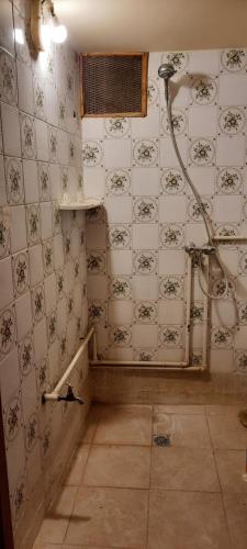 a bathroom with a shower and a tiled wall at Dar bouhlal in Fez