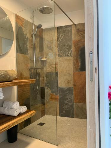 a shower with a glass door in a bathroom at Gite Ti Bali in Deshaies