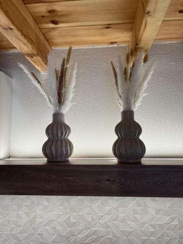 two vases sitting on a wooden shelf with feathers at Harma Apartment in Léntas
