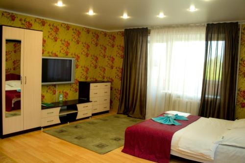 ein Schlafzimmer mit einem Bett und einem TV in der Unterkunft Бодрум in Petropawlowsk