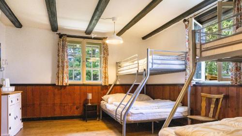 a bedroom with two bunk beds and a window at Das Schneiderhaus in Höchenschwand