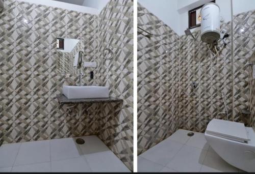 Duas fotografias de uma casa de banho com WC e lavatório. em Hotel P.S. Villa em Agra