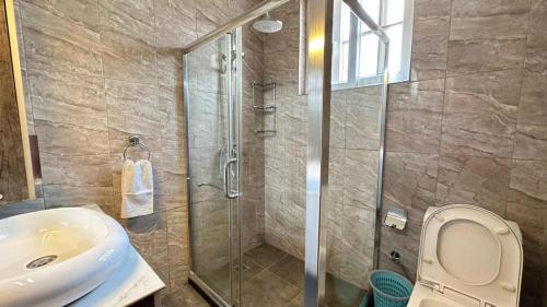 吉佳利的住宿－White villa apartment，带淋浴、卫生间和盥洗盆的浴室