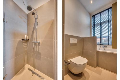 two pictures of a bathroom with a toilet and a shower at La Dominotte Arcen in Arcen