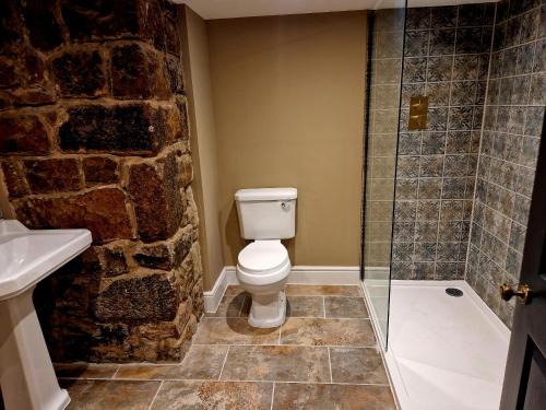a bathroom with a toilet and a stone wall at Lord William in Preston