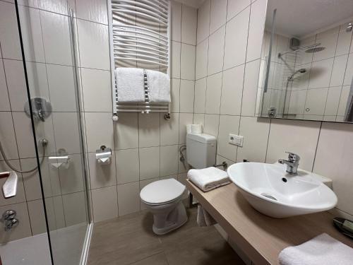 a bathroom with a sink and a toilet and a shower at Landhotel Maiergschwendt inkl Chiemgaukarte in Ruhpolding