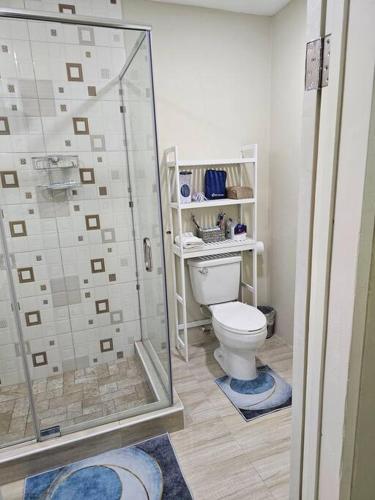 een badkamer met een toilet en een glazen douche bij SG Apartment Complex (Apt #1) in Linstead