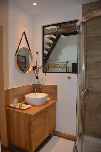 bagno con lavandino, specchio e doccia di Lebeau Repos a Plouër-sur-Rance