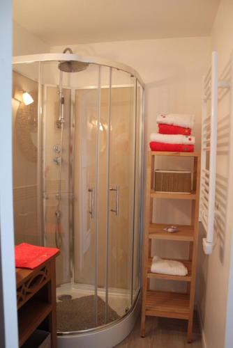 a bathroom with a shower and some towels at A l'Orée du Pin in Puyricard
