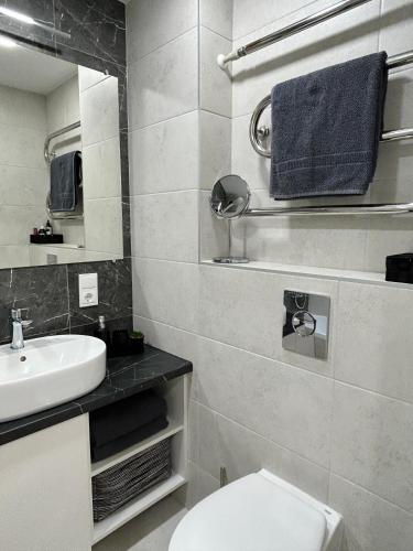 a bathroom with a white toilet and a sink at Amot apartamentai in Telšiai
