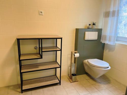 a small bathroom with a toilet and a sink at Gästehaus Trockau in Pegnitz