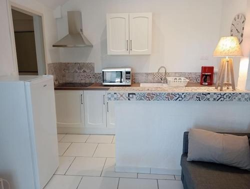une cuisine avec un comptoir avec un micro-ondes dans l'établissement Bel appartement au calme, à Saint-Paul-Trois-Châteaux