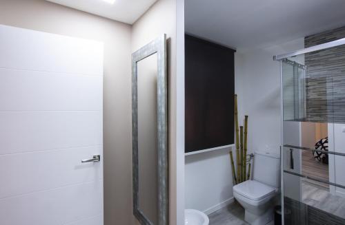 ein Badezimmer mit Toilette und Spiegel in der Unterkunft Apartamento Virgen del Remedio in Novelda
