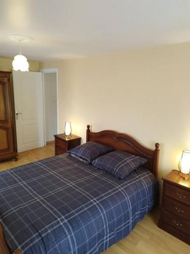 a bedroom with a blue bed and two night stands at L'hirondelle du faubourg in Bar-sur-Aube