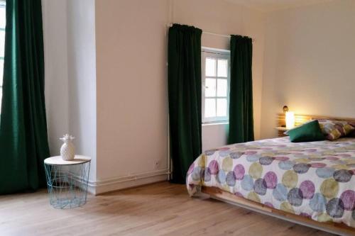 ルーアンにあるHavre de Paix au Centre de Rouenのベッドルーム1室(緑のカーテンと窓付きのベッド1台付)