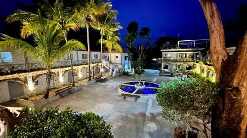 Sunbloom Beachfront Hotel and Restaurant في Sinabacan: اطلالة جوية على بيت فيه نخيل ومسبح