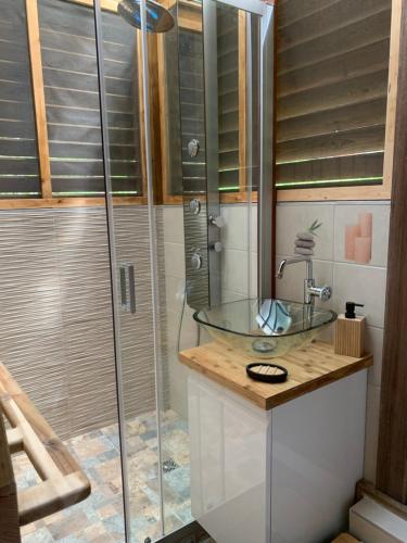 y baño con lavabo de cristal y ducha. en Cabane des Zamoureux en Ducos