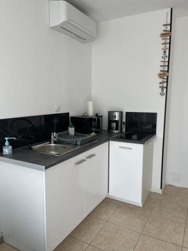 una cocina con armarios blancos y fregadero en Villa 47 en Biguglia
