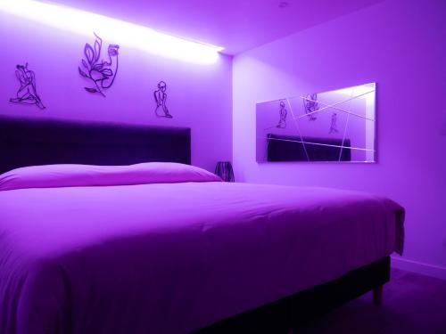 a purple bedroom with a bed and a mirror at *Romance Jacuzzi* Appartement Spa pour les amoureux ou les solos in Deuil-la-Barre