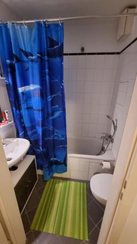 uma casa de banho com uma cortina de chuveiro azul e um tapete verde em Schwabing Studio with Garden Views em Munique
