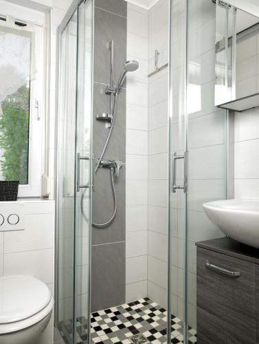 a bathroom with a shower and a toilet and a sink at Haus Kaltenhof in Insel Poel