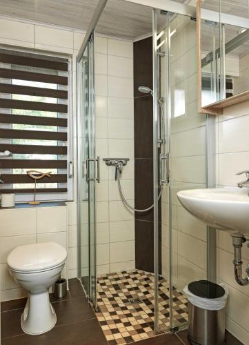 a bathroom with a shower and a toilet and a sink at Haus Otto in Insel Poel