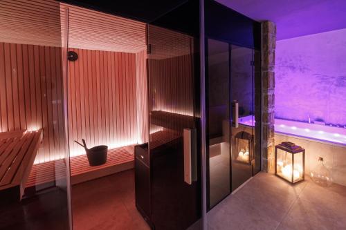 a bathroom with a shower and a tub with lights at Vila ROBIDA & SPA in Črni Kal