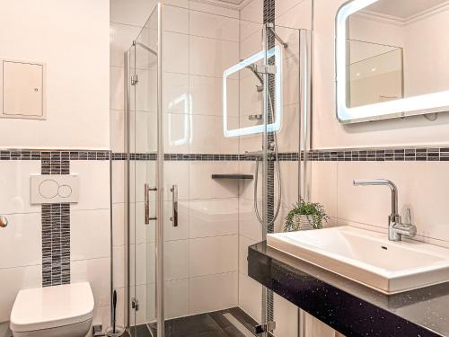 a bathroom with a shower and a toilet and a sink at Achtern Diek Wohnung 17 in Boltenhagen