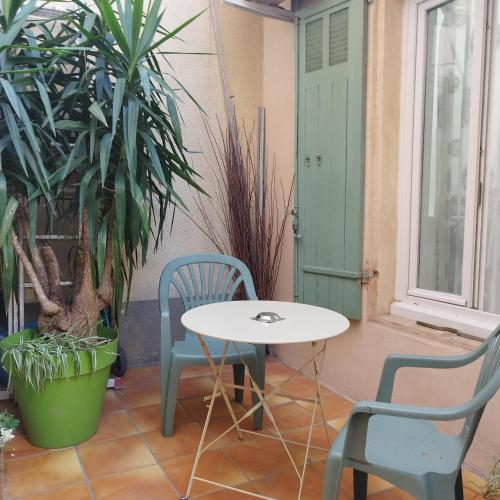 une table et des chaises sur une terrasse avec des plantes dans l'établissement Duplex Denim, à Nîmes