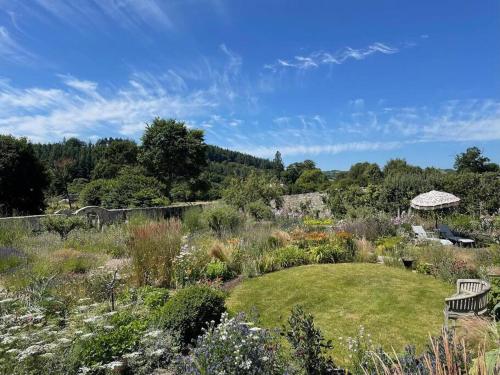 un jardín con un banco en el medio en The Walled Garden, en Totnes
