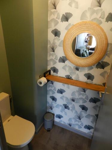 une salle de bain avec toilettes et miroir dans l'établissement Les jardins de la riviére , cinq minutes à pieds du barachois , très proche du centre ville de Saint denis, à Saint-Denis