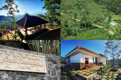 un collage de fotos con una casa y una señal en Omah Pinaringan en Solo