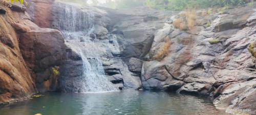 a waterfall on the side of a rocky cliff at Rohan Homestay By Traviget Hospitality, Dapoli-Konkan in Harnai
