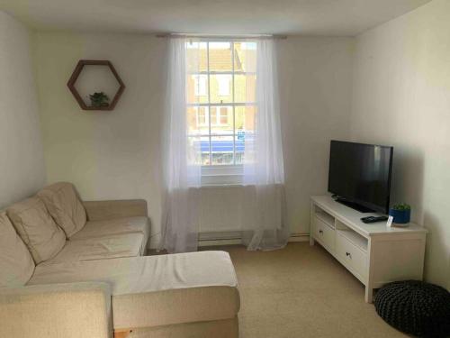 a living room with a couch and a flat screen tv at Large Apartment - 20 mins to the City in London
