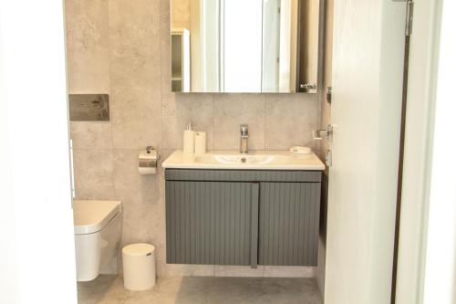 La salle de bains est pourvue d'un lavabo, de toilettes et d'un miroir. dans l'établissement Seaside Serenity in Bodrum: Luxury Retreat w View, à Turgutreis