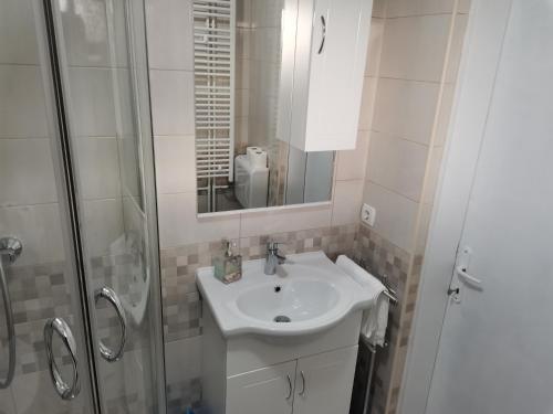 een witte badkamer met een wastafel en een douche bij Holiday house Zoki in Kutina