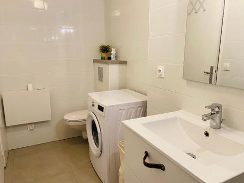 bagno bianco con lavatrice e lavandino di LE SAINT CYRICE a Rodez