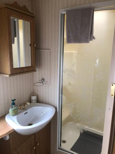a bathroom with a sink and a shower at Màire’s Mobile Home in Falcarragh