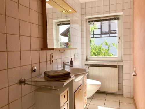 een badkamer met een wastafel, een toilet en een raam bij Ferienwohnung Seebrise in Wasserburg