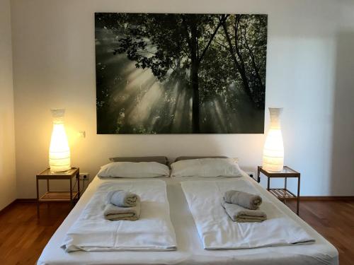 a bedroom with a large bed with two lamps at Ferienwohnung Seetraum - Hoch über dem See, großzügig mit großem Balkon in Kressbronn am Bodensee