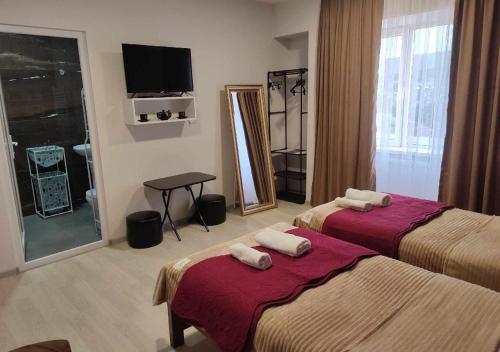 a hotel room with two beds and a television at Guest House in Old Tbilisi in Tbilisi City