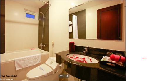 a bathroom with a sink and a toilet and a mirror at Vina Spa Hotel in Hue