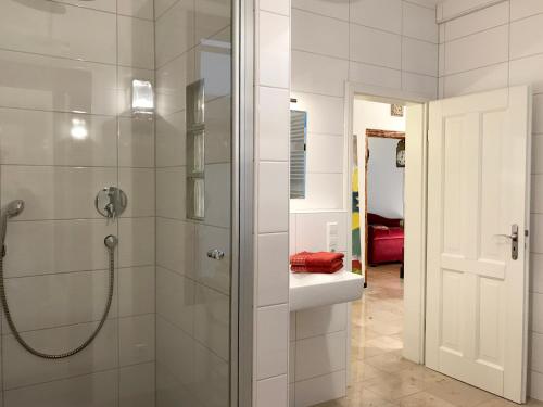 ein Bad mit einer Dusche und einem Waschbecken in der Unterkunft Ferienwohnung Insel-Residenz 1 in Lindau