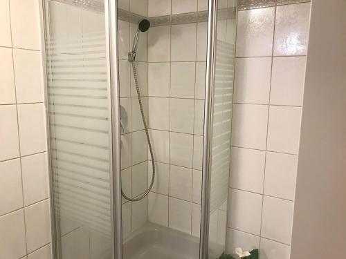 una doccia con porta in vetro in bagno di Ferienwohnung Luna a Lindau